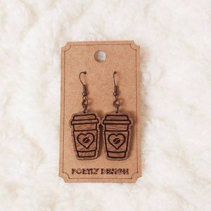 5/$25 Hot Coffee Earrings Dangle Wooden w/Heart Coffee Bean